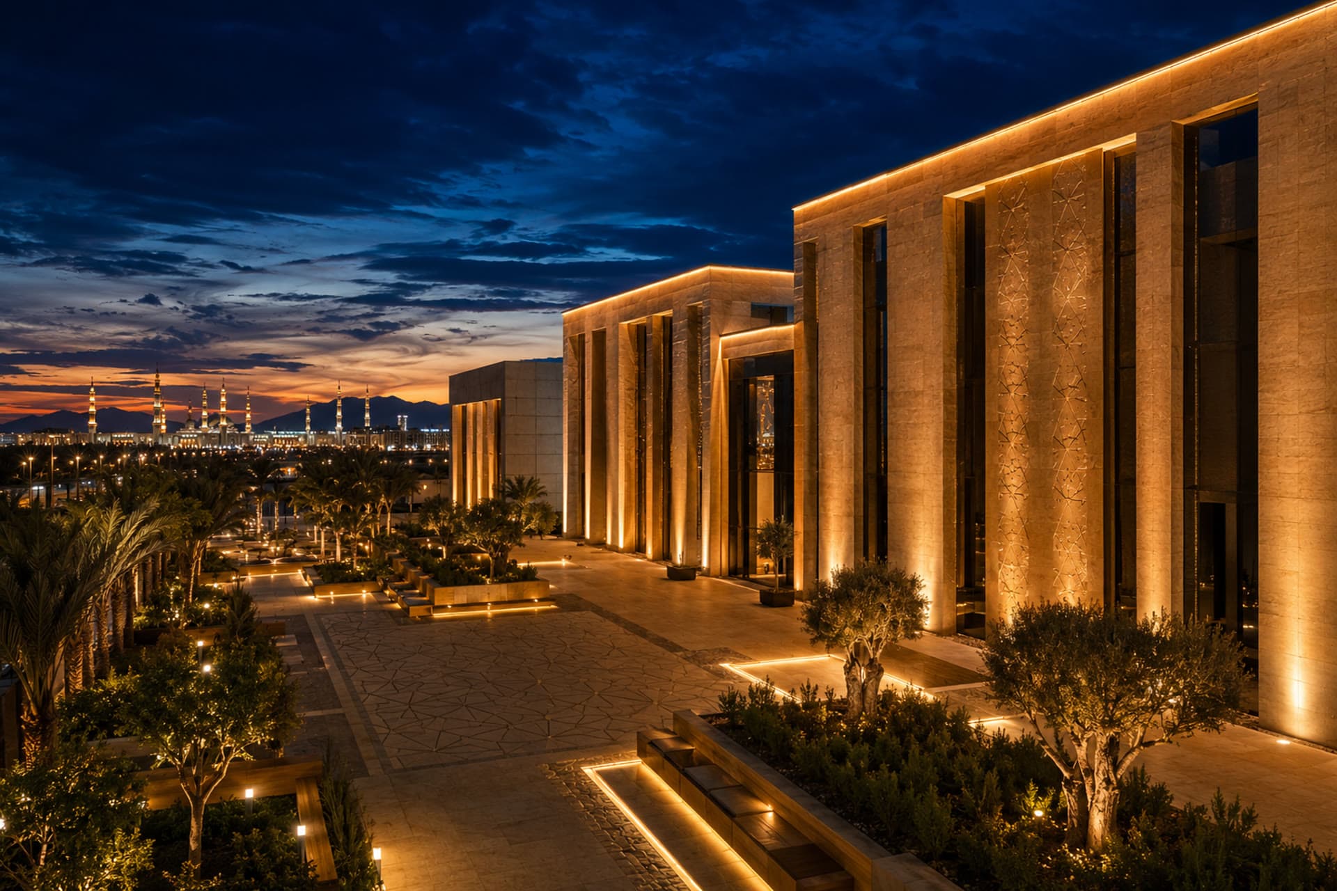 Madinah heritage architecture at golden hour with modern institutional skyline
