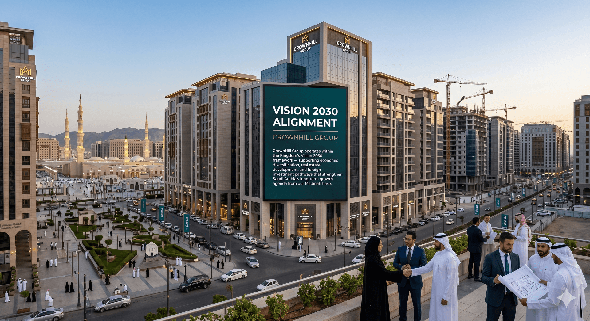 Madinah skyline and institutional development representing CrownHill Vision 2030 alignment