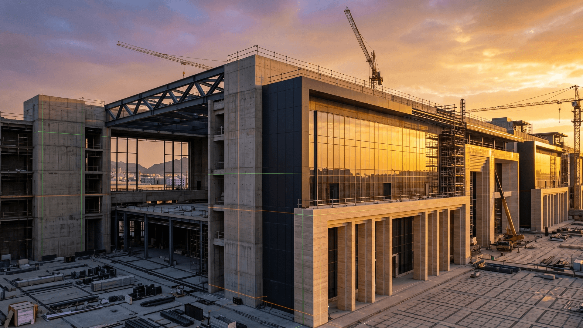 Large-scale construction project with cranes and precision laser alignment at golden hour
