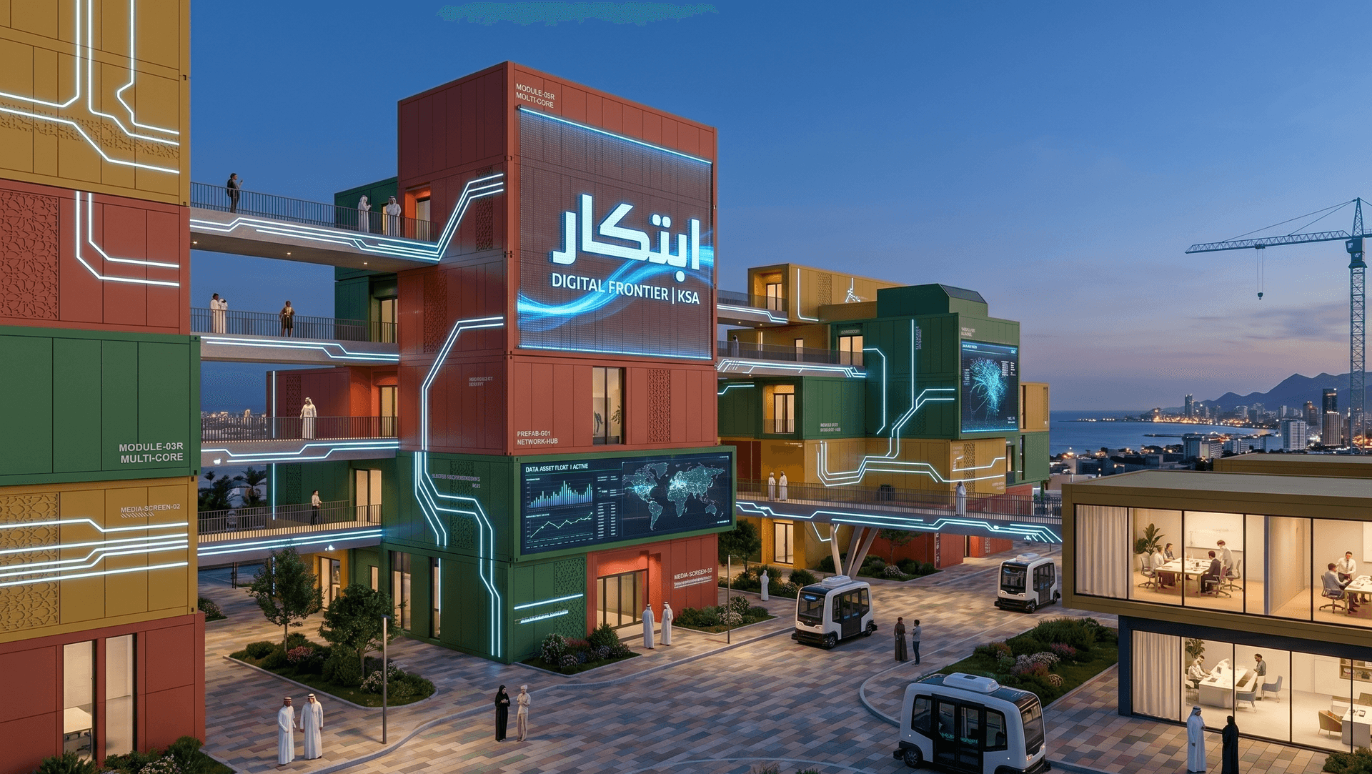 Futuristic digital innovation campus with data visualization and autonomous mobility